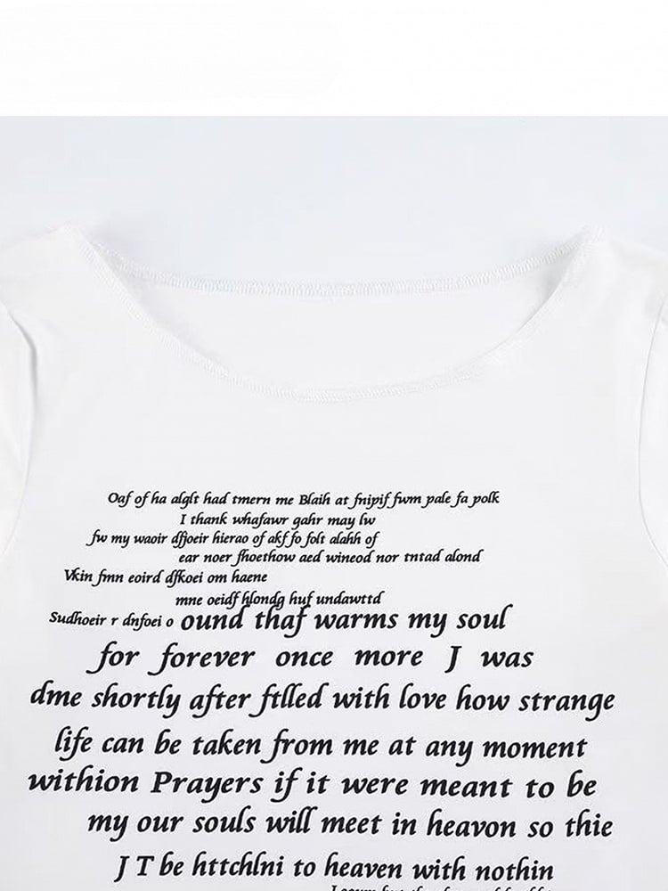 ホワイトプリントベルアシンメトリーレタービタースウィートスリーブヘムトップス