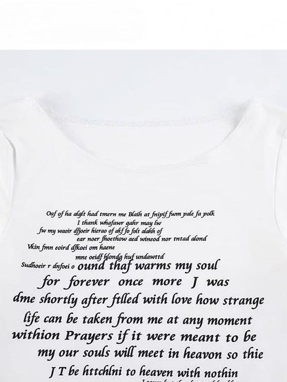 ホワイトプリントベルアシンメトリーレタービタースウィートスリーブヘムトップス