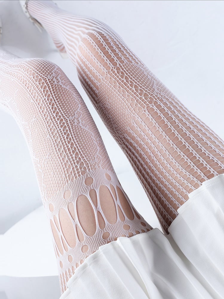 White/Gray Asymmetrical Lace Tights Fishnet Design Cut-Out