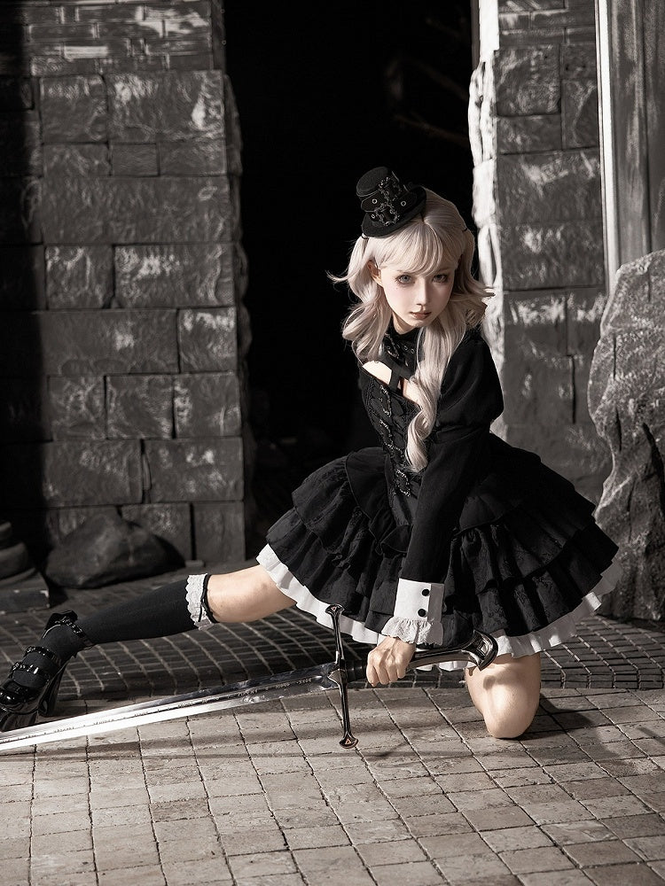 Gothic Lace-Up Lolita OP Gown with Metal Buckle, Short Version and Mini Hat Set - With PUJI