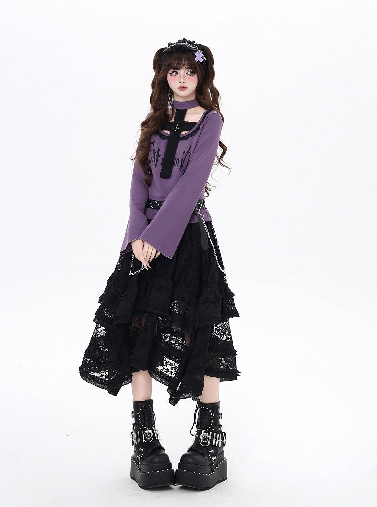 Gothic All-in-One-Design Choker Top und schwarz/lila Glockenärmel Kreuz