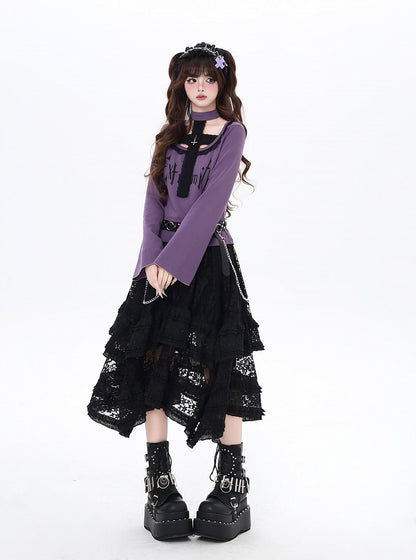 Gothic All-in-one Design Choker Top and Black/Purple Bell Sleeves Cross