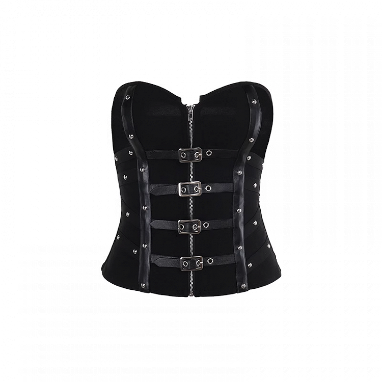 Zipper Placket Black Criss-Cross PU Front and Straps Buckles