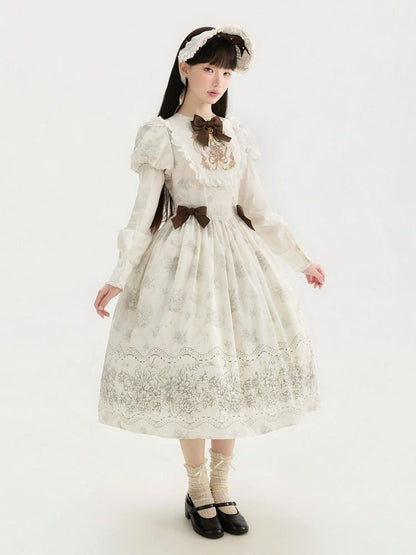 Lolita Bowknot White Floral Version One and Long Piece Embroidery Bodice Classic