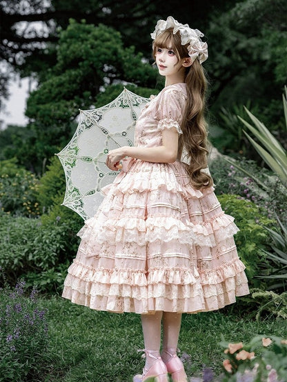 Sweet Jasmine Embroidered Pink OP Doll Collar Lolita A-Line Gown with Tiered Skirt - ZHIJINYUAN
