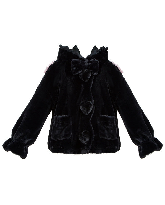 黒のキュートなラムの耳付きフード付き冬用着心地の良いプラッシュコート