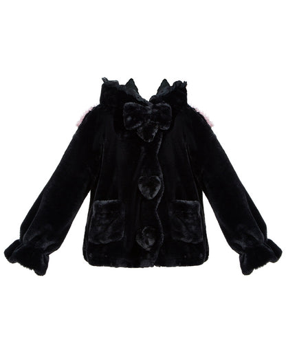 黒のキュートなラムの耳付きフード付き冬用着心地の良いプラッシュコート