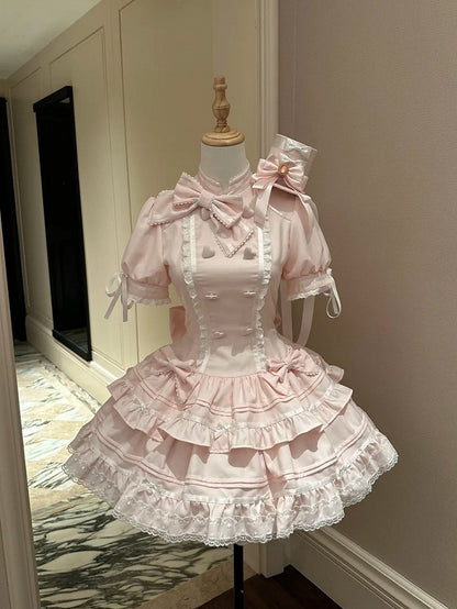 Adorable Pink OP Dress with Heart Buttons, Puff Sleeves, Lace & Bow Accents - Cat Cake