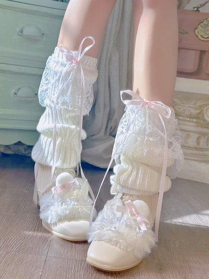 Details with Y2K Creamy Leg Warmers Accents Bow Bittersweet Knitted Lace White/Pink