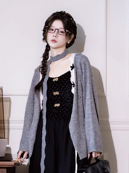 Gray Outerwear with White Trim & Bowknot Details - Luo Xiu Dong Xiang