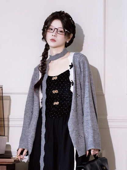 Black Chinese Top with Polka Dot & Gold-tone Buttons - Luo Xiu Dong Xiang