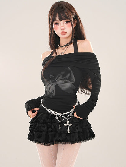 Black Bowknot Halter Neck Knit Top