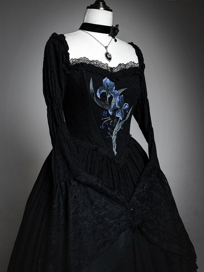Lolita Black Skirt Dress Drawstring Iris with Gothic Elegant Embroidery