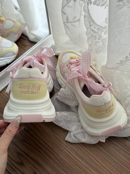 in Platform Pink Lolita Design Bow Plaid Lace-up Star Sweet Details Sneakers Yellow And