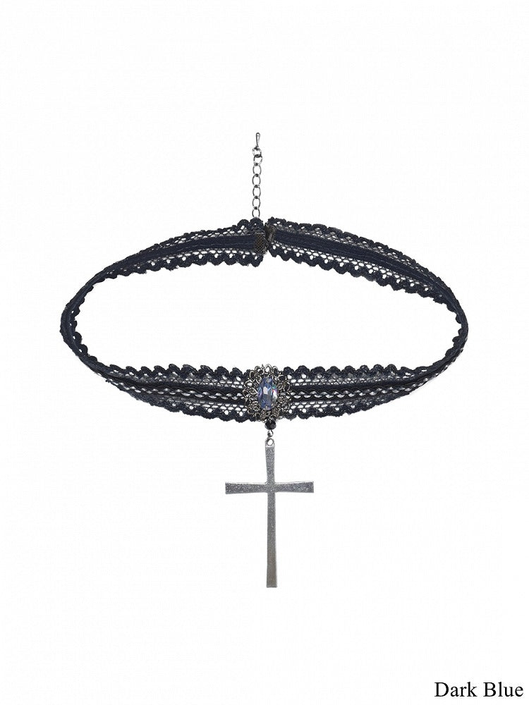 Cross Rhinestone-Accented with Pendant Lace Blue/Black/Red Choker Dark