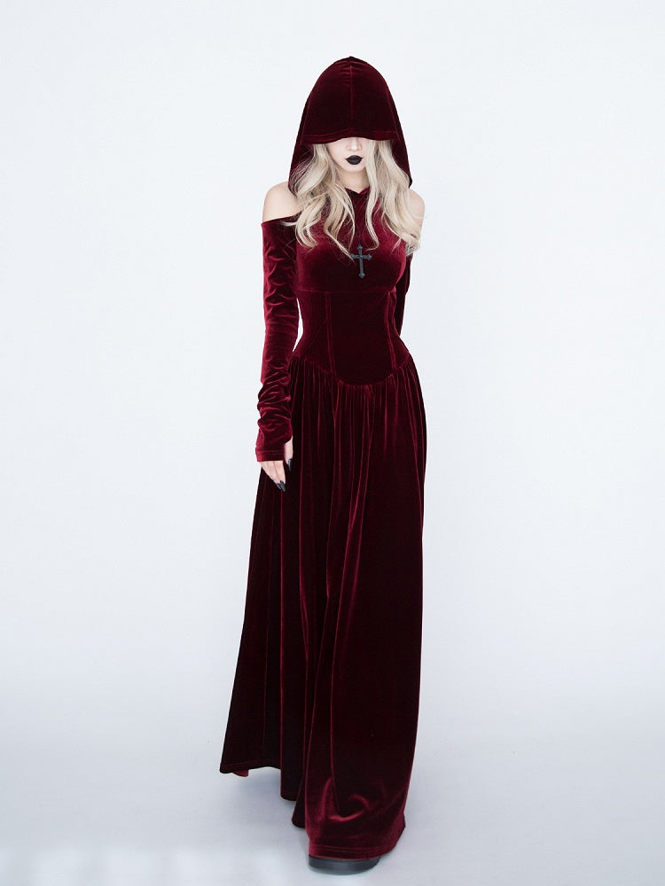 中世の魔女レッドベルベットカットアウトショルダーゴシックヴァンパイアフード付きドレス