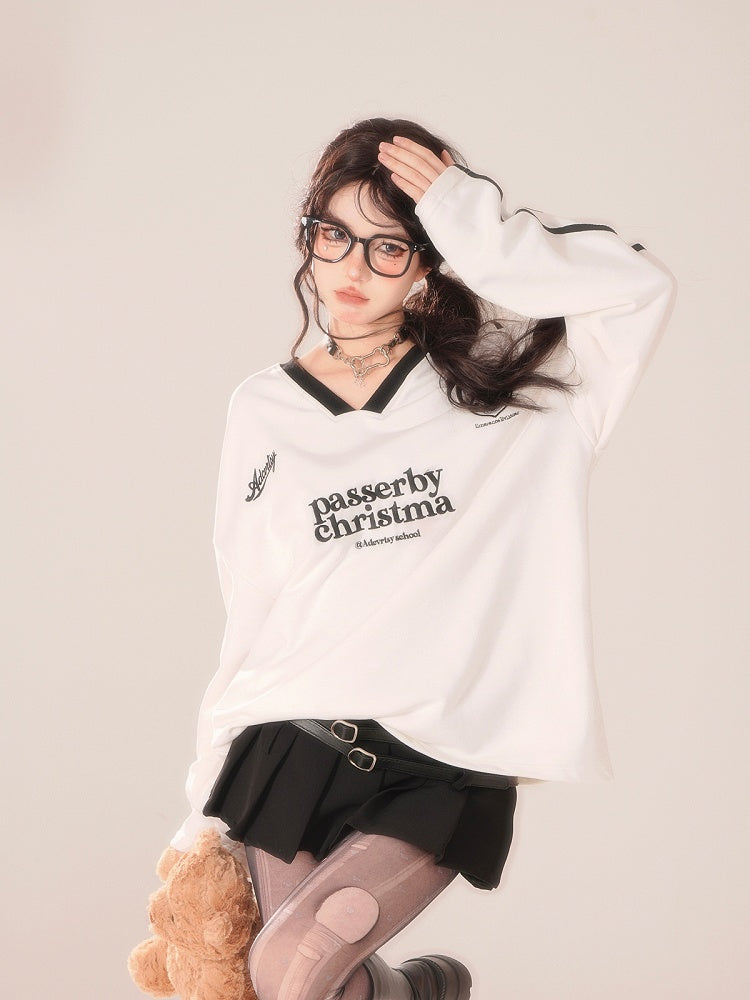 Sleeves White V-Neck Long Sleeve Preppy Top with Lettering Print and Striped