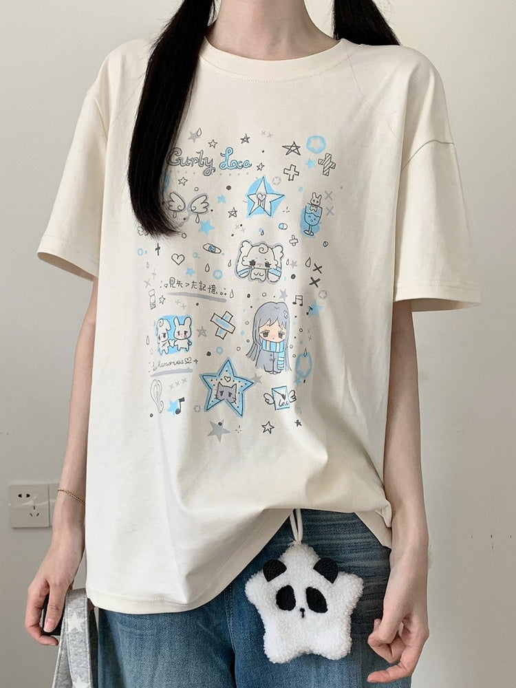 Off-White Cartoon Print Cool Touch Short Sleeve T-Shirt - PINK SAVIOR