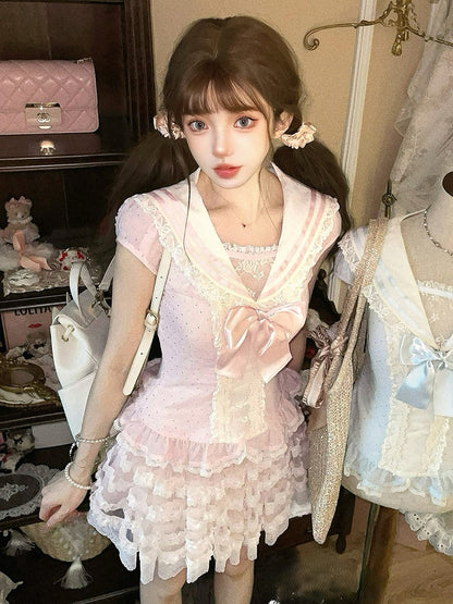 Rosa Chiffon-Top mit Seemanns-Kragenärmeln und