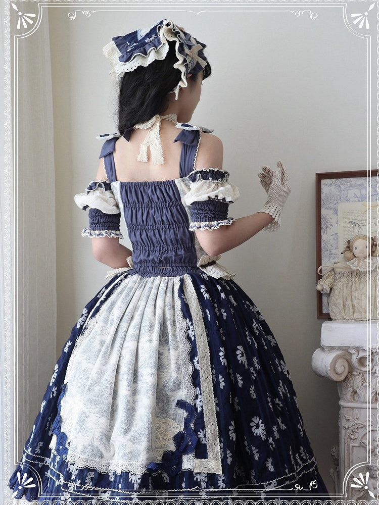 ブルーのオープンショルダーキャビンコルセットトップ + ダークブルーの花柄ロリータスカート