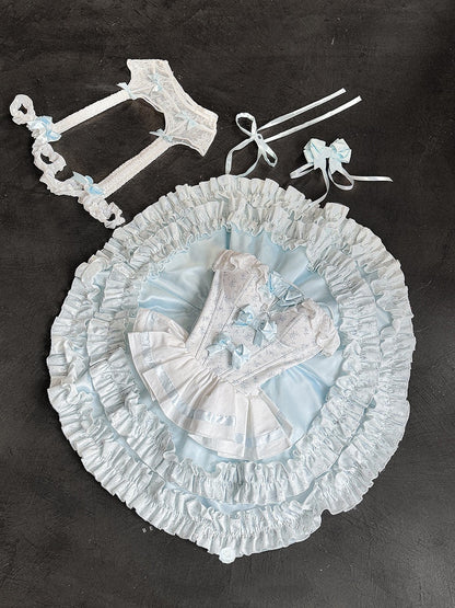 Cropped Details Bodice Floral Strapless Top + Tiered Skirt + Ful Blue Bowknot on Set Top