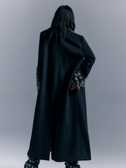 Black Wool Thickened Coat with Vintage Leopard Accents