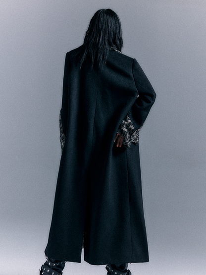 Black Wool Coat with Vintage Leopard Accents