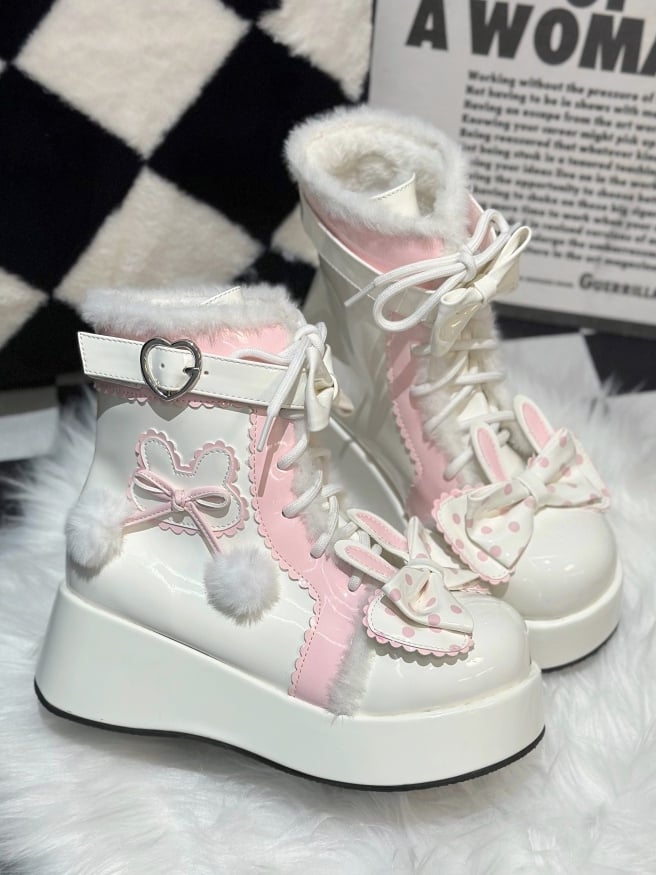 Theme Heart White Lining Buckle Bunny - Ankle Plush Boots Lolita Platform with Sweet