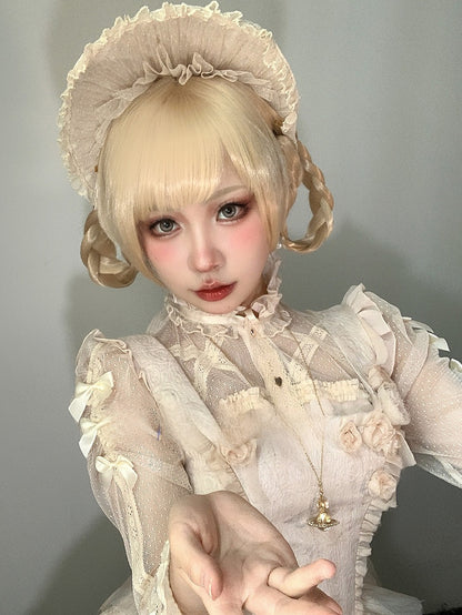 クロー編みポニーテールウィッグ前髪付きショート55cmダブルブロンドフルクリップ30cm+ストレート