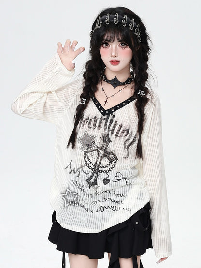Metallic Semi-Sheer Neckline Print Apricot Top with Punk Graffiti - Eyelet
