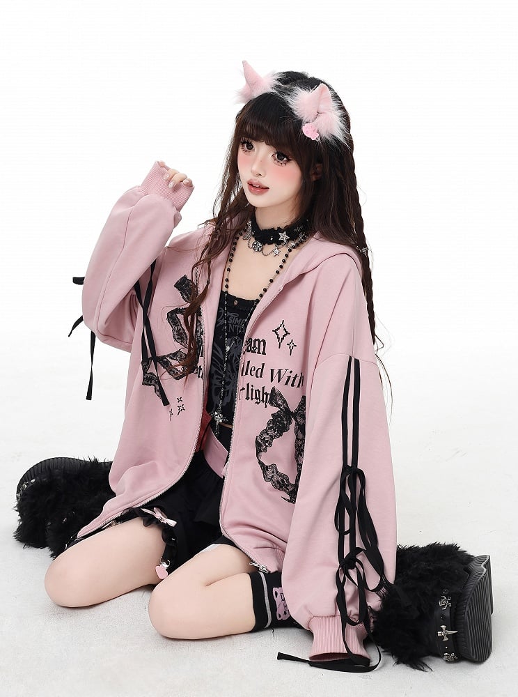 Pink Lace Embellished Zip Closure Graphic Hoodie 