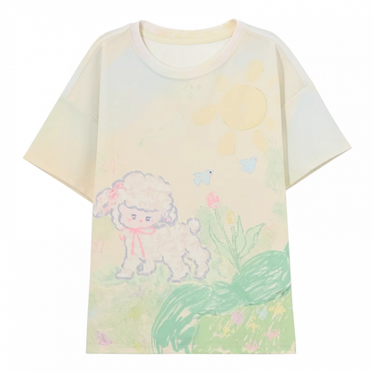 T-Shirt Hellgrün Rundhals Graffiti Lamm Print Lose