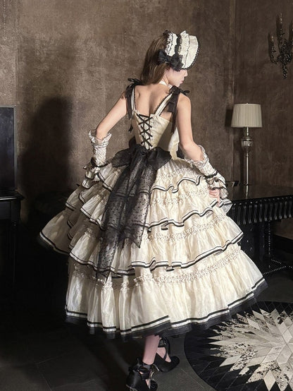 Swan-Embroidered Ruffled JSK Dress in Beige & Black - U.Rtto