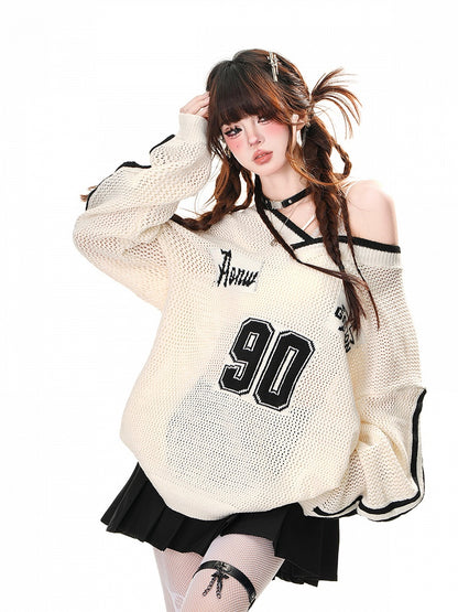 Schwarz/weißes, asymmetrisches Oberteil mit Sonnenschutz und Hohlsaum