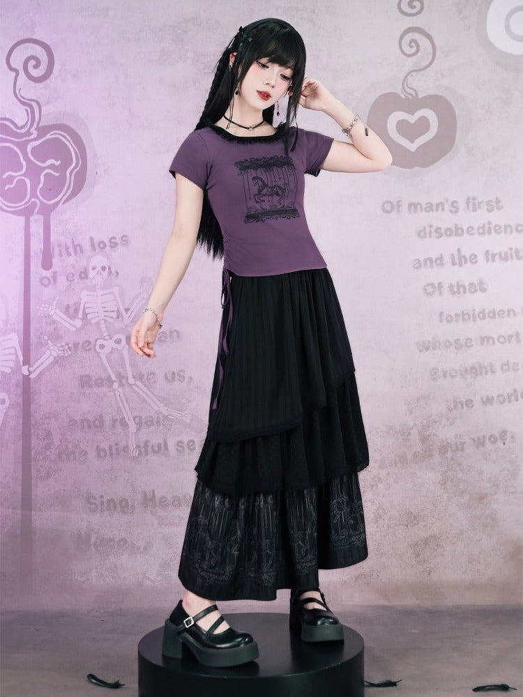Purple Cotton Short Sleeve Square-Neck Tee with Carousel Print and Drawstring - Quirky Hut