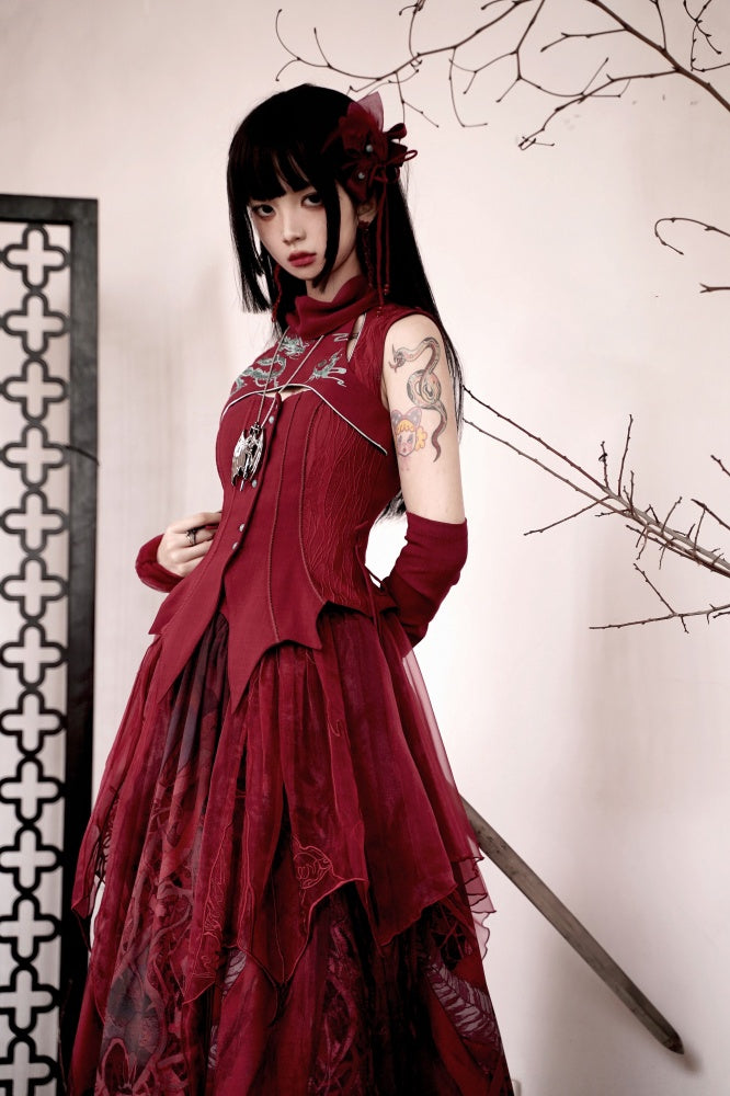 Red Gothic Dragon Embroidery Sleeveless Top Cutout Detail