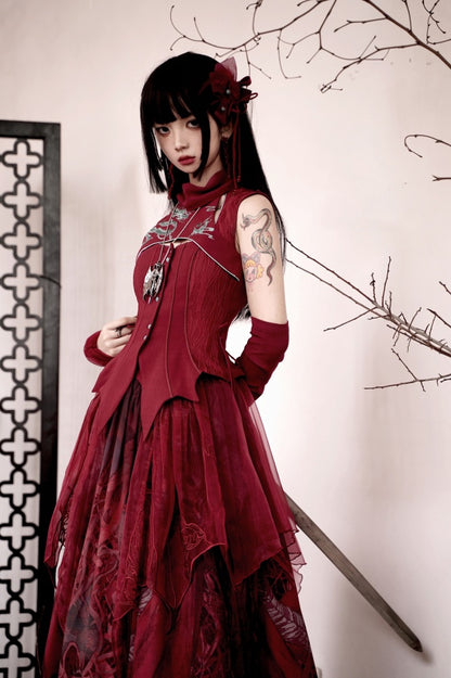 Red Gothic Dragon Embroidery Sleeveless Top Cutout Detail