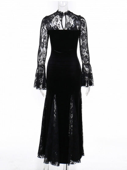 Halloween Gothic with Bell Sleeves Floral Mermaid Black Dress Lace