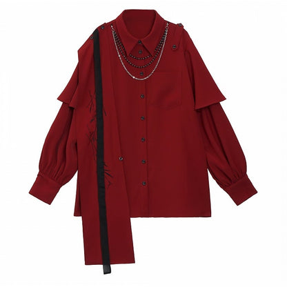 Shirt Detachable Draping Style Embroidered Cheongsam - Bamboo Cape Red
