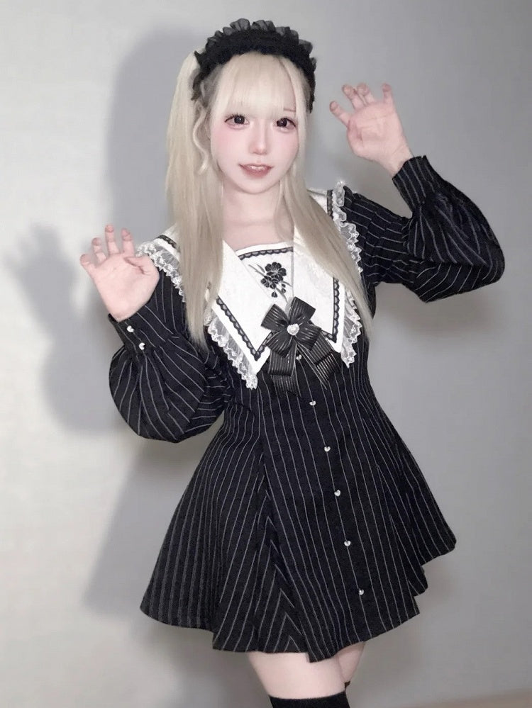 Black Striped Long Sleeve Sailor Dress with Cherry Blossom Detail and Shorts - Dream Core Waves