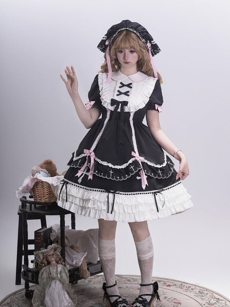 Short Sleeve Peter Pan Collar Lolita OP with Cross & Bow Accents in Black & Pink - MUYU