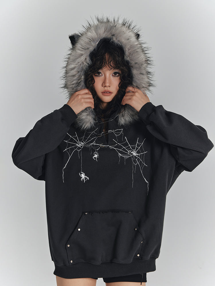 Fur Faux Trim Hoodie Cat with Ear Gray Spiderweb Punk Dark Print