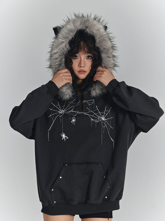 Fur Faux Trim Hoodie Cat with Ear Gray Spiderweb Punk Dark Print