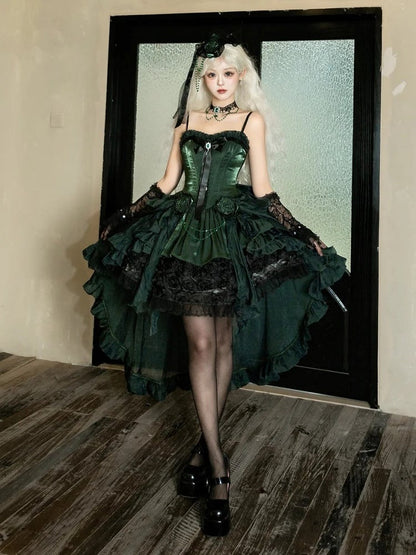 Black Lolita Bouquet Boned with Rose Dress Strapless Hem Green Gothic