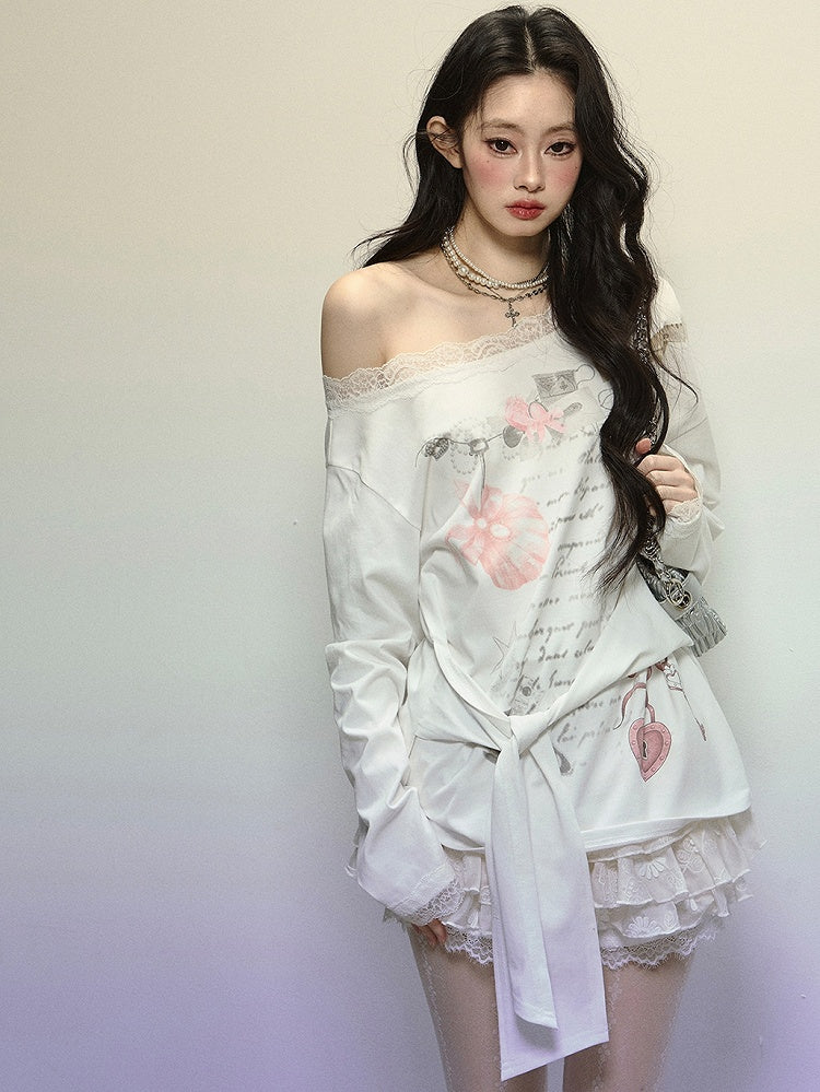 White Asymmetrical Neckline Printed Top with Tie Detail