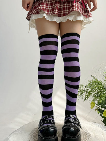Black&Purple Striped Pattern Lolita Over Knee Stockings