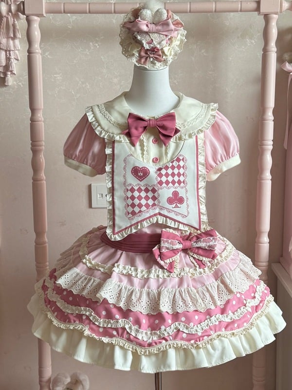 Lolita Bloomers Kawaii Layers Pink Trim Skirt Dress + Polka-dot Set JSK