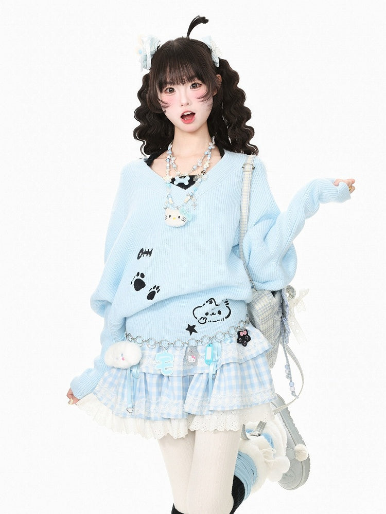 Faux Two Piece Blue Batwing Sleeve Kitten Embroidered Sweater - Languid Park