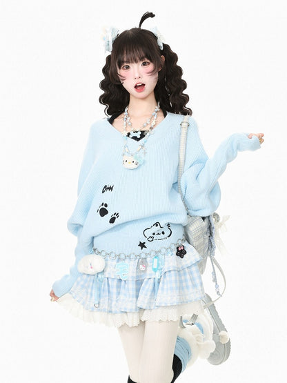 Faux Two Piece Blue Batwing Sleeve Kitten Embroidered Sweater - Languid Park