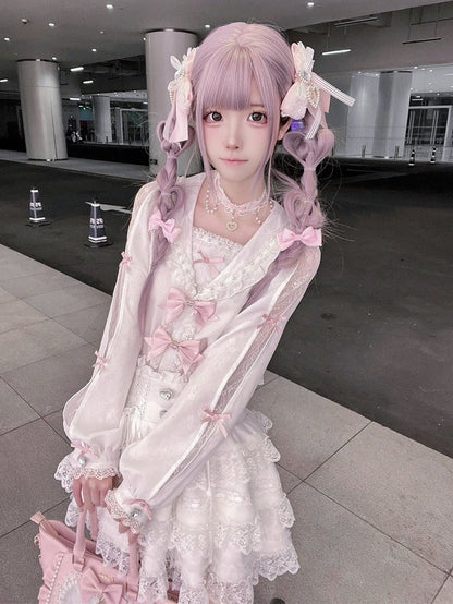 Landmine-Style Beaded Sailor-Collar Blouse, Bow & Lace, White Pink - Puppet Bombs